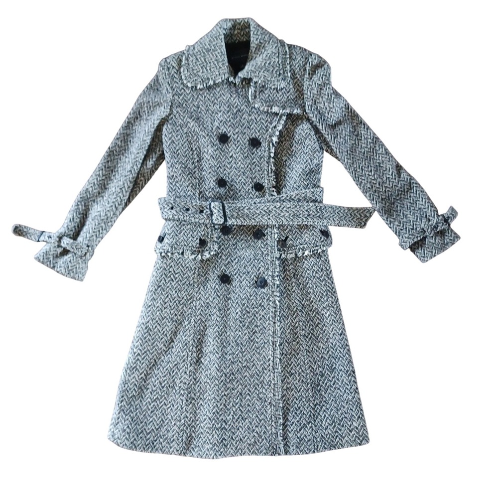 Banana Republic Womens Herringbone Wool Blend Belted Trench Coat Black White M